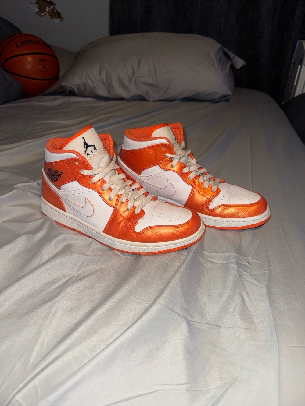 Jordan White and Metallic Orange High-Top Sneakers